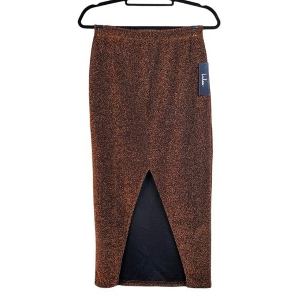 Lulus Womens Time To Twinkle Bronze Sparkly Front Slit Pull-On Midi Skirt S